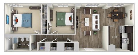 Floor plan for 2 beds, 1 bath, 801 sqft